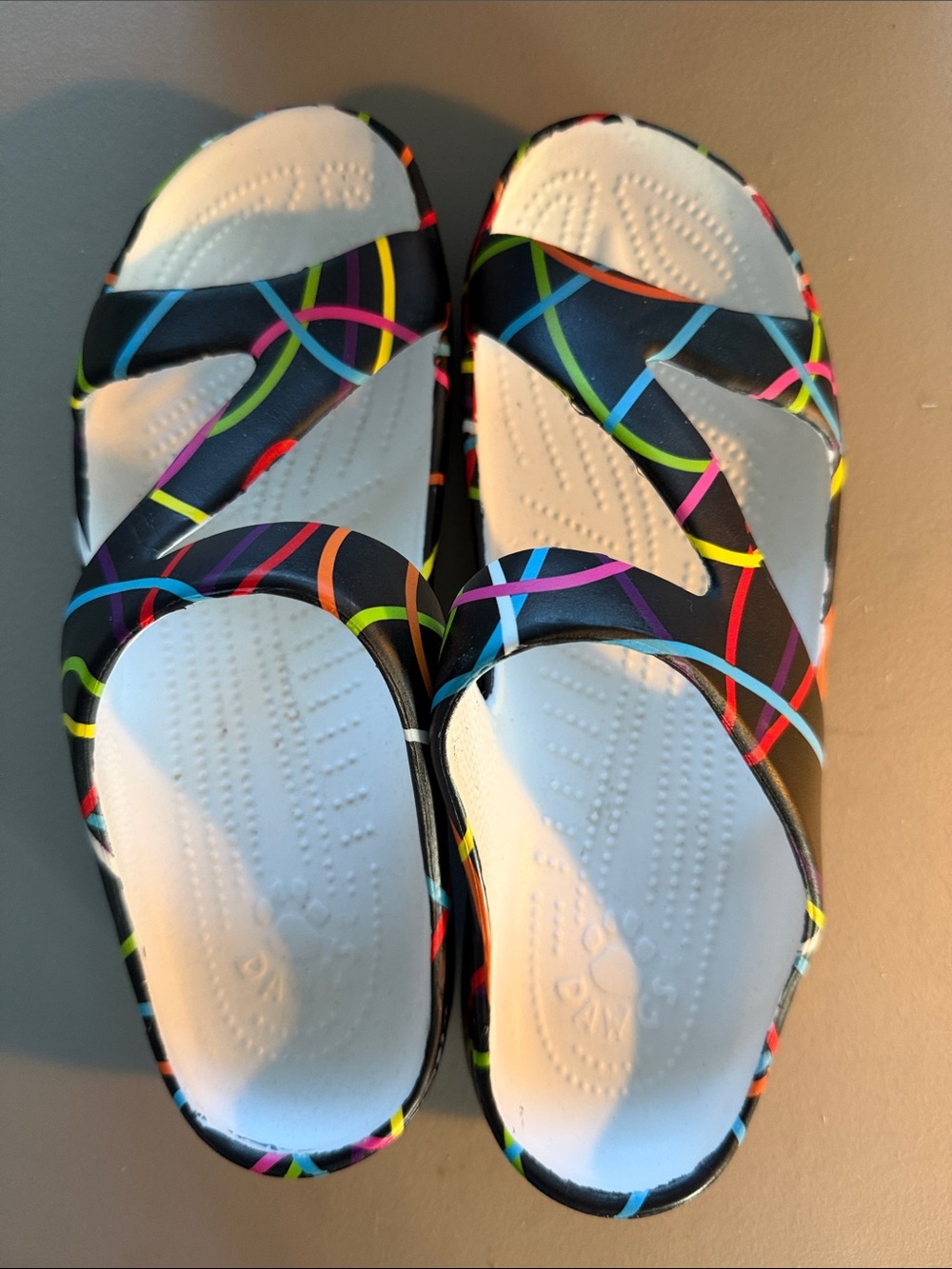 Dawgs Black Slide Sandals with Neon Multicolor Stripes